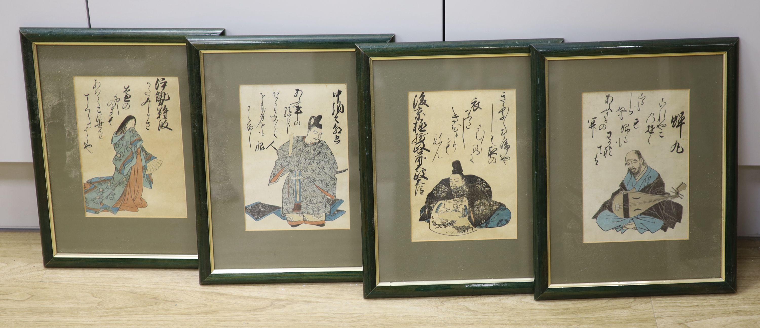 Japanese School, four woodblock prints, Figure studies, 21 x 15cm